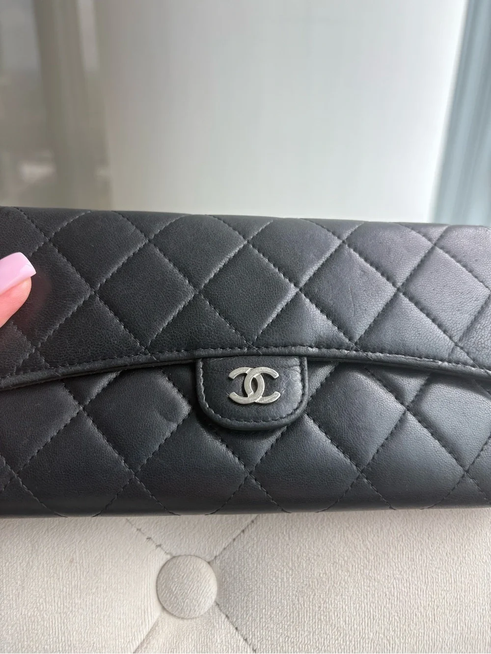 AUTHENTIC CHANEL GUSSET FLAP  BLACK QUILTED LEATHER WALLET ON CHAIN